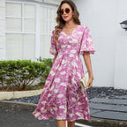 Summer Rayon V neck Tight Waist Seaside Vacation Large Swing Dress JoyMer