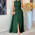 Women Solid Color Casual Elegant Graceful Sleeveless Button Waist A line Dress PLAYA