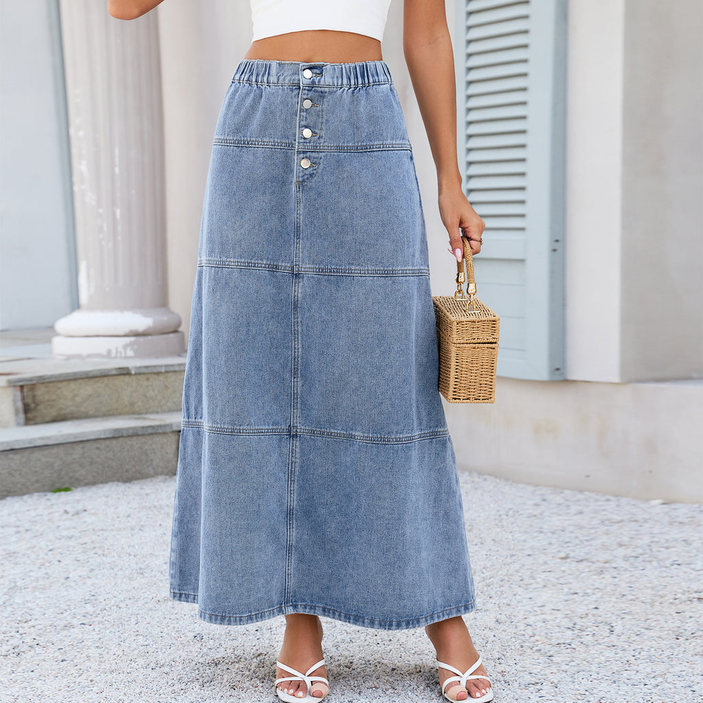 Elastic Waist Front Breasted Stitching Design All Matching Jeans Skirt Women MANNY