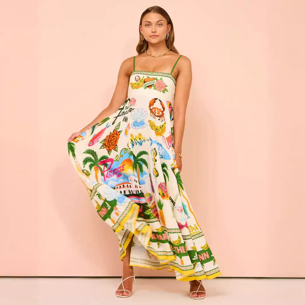Sexy Women Clothing Sling Graffiti Printing Sleeveless Swing Cotton Linen Dress Amplified craft Gemi