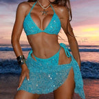 Summer Women Blue Sequined Spaghetti Strap Halter Holiday Sexy Beach Three Piece Bikini Swimsuit OLam