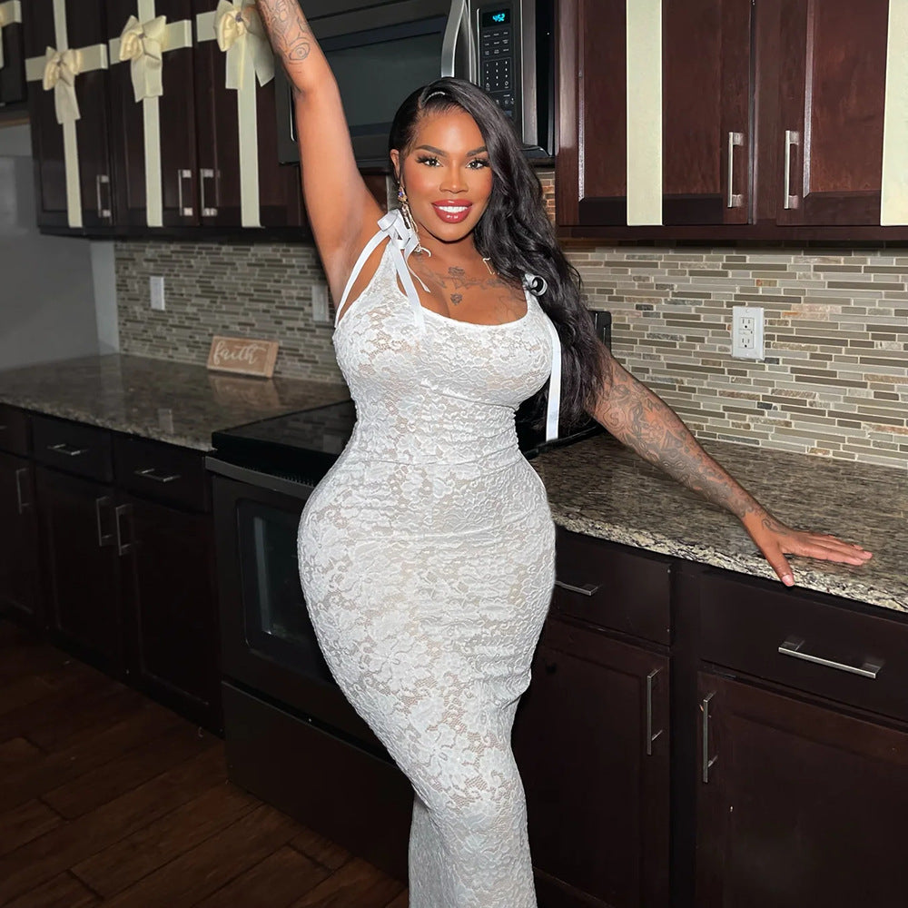 Robe sexy dos nu en dentelle à double épaisseur pour femme, vêtement printemps-été, nœud en dentelle