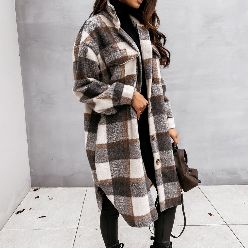 Abrigo largo de lana con cuello y botonadura sencilla para otoño e invierno