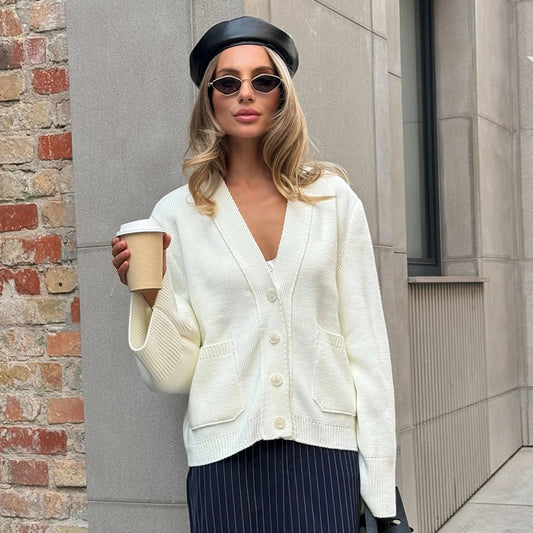Suéter cárdigan de punto suelto Otoño Invierno Cuello en V Suéter cárdigan de punto suelto inactivo Mujeres