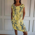 Women Clothing Summer Cotton Linen round Neck Printed with Pocket NICE