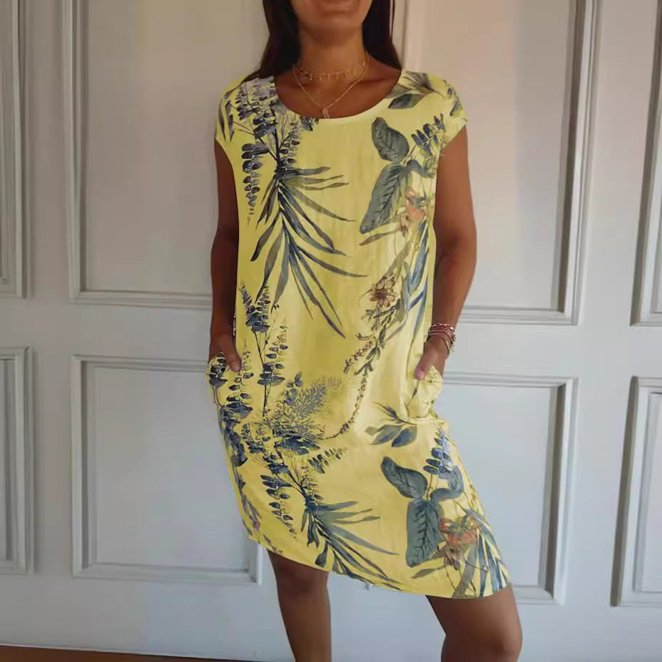 Women Clothing Summer Cotton Linen round Neck Printed with Pocket NICE