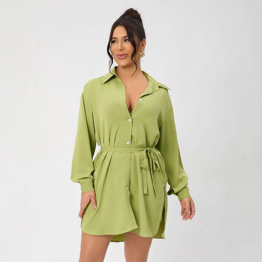 Conjunto de dos piezas formado por camisa y pantalón corto, para mujer, informal, de manga larga, con cuello y cinturón, para primavera