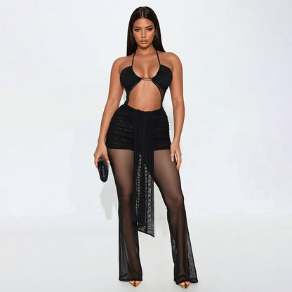 Women Clothing Spring Summer Halter Cropped Outfit Mesh Drawstring Sheer Cutout Ribbon Jumpsuit