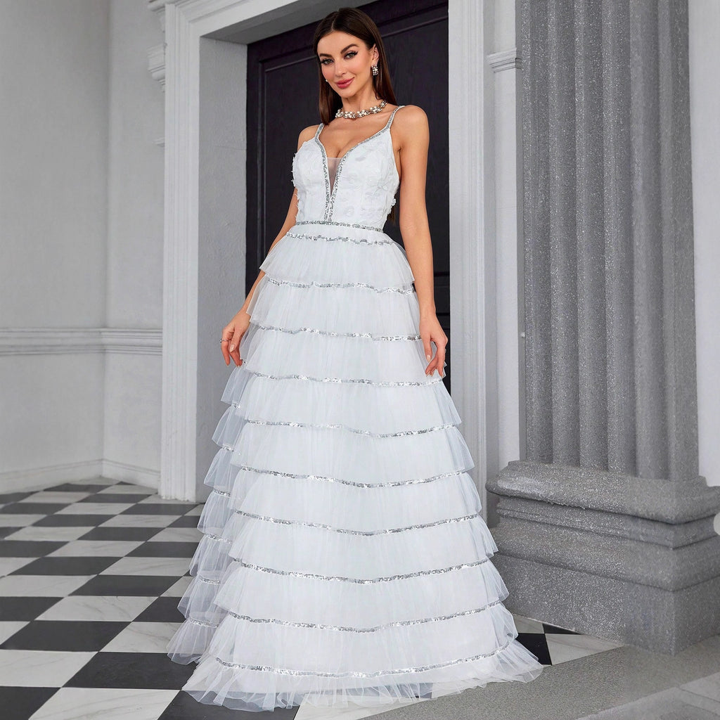 Vestido de noche con tirantes y escote en V, vestido de tubo con capas para mujer