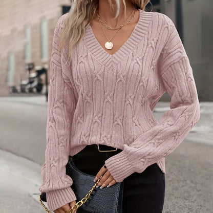 Women Clothing Autumn Winter V neck Sweater Women Twist Thread Solid Color Sweater Loose Top
