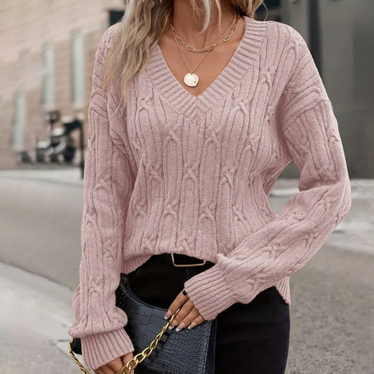 Women Clothing Autumn Winter V neck Sweater Women Twist Thread Solid Color Sweater Loose Top