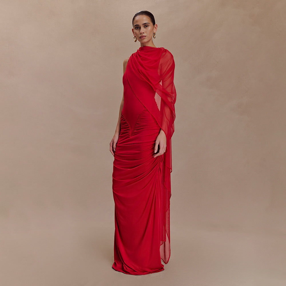 Robe châle plissée en maille tendance, robe fourreau sexy à col rond et coupe cintrée