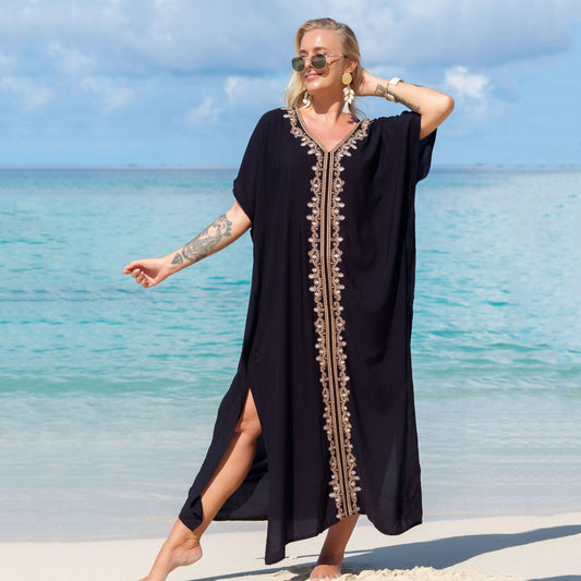 Bata de rayón con bordado de ojales para vacaciones, informal, para playa, bikini