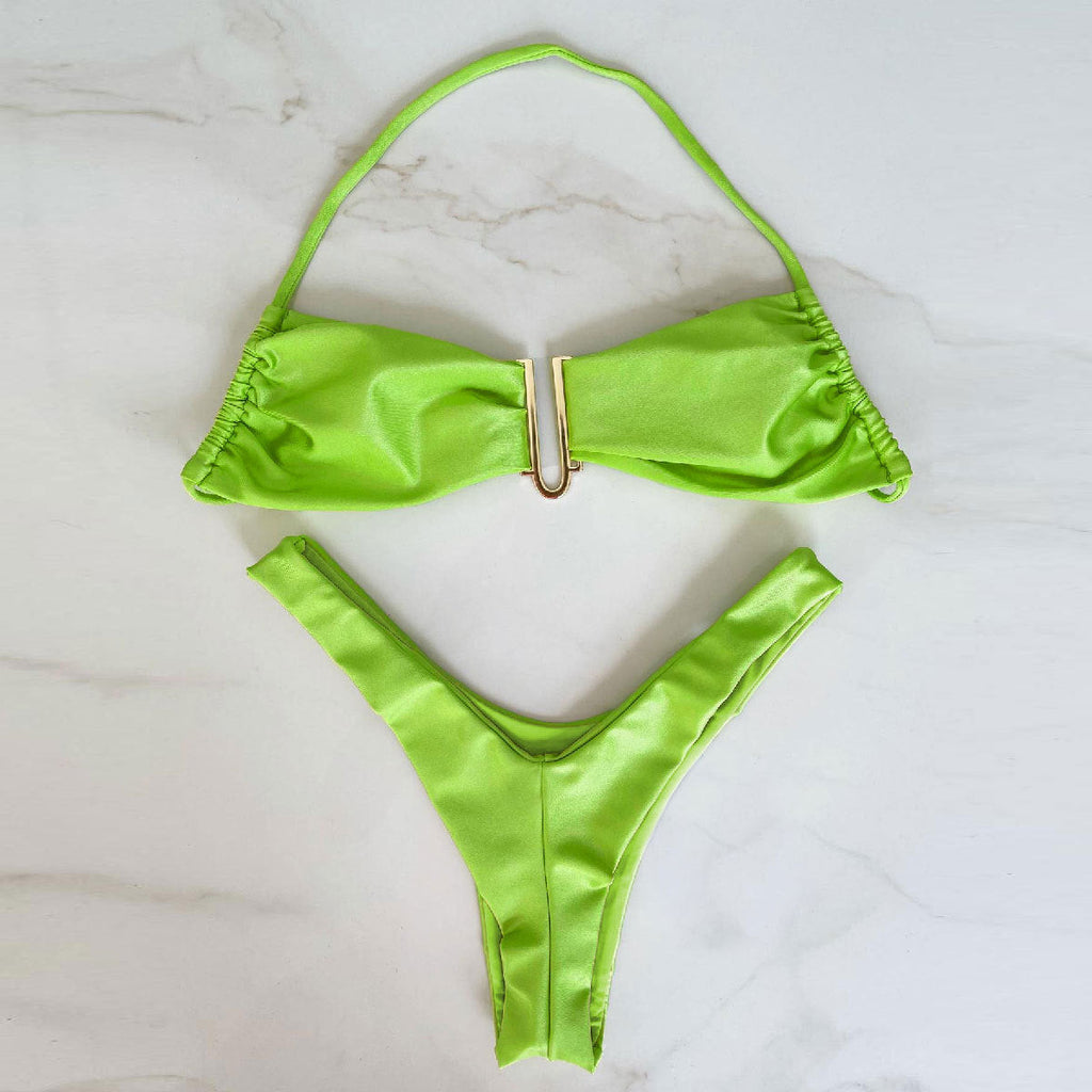 Fresh Solid Color High Slit Low Waist Bikini Sexy Split Swimsuit Women Bikini Thunder