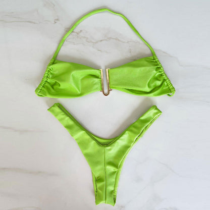 Bikini de cintura baja con abertura alta y color sólido fresco, traje de baño sexy dividido para mujer