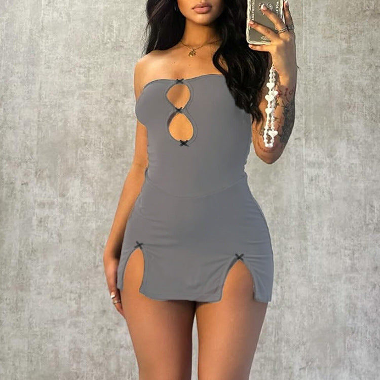 Women Clothing Bow Hollow Out Cutout out Sleeveless Split Sexy Sexy Dress Bonnie J