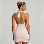 Women Clothing Summer Solid Color Casual Sleeveless Halter Lace Up Pleated Backless Short Dress HONEYBADGER