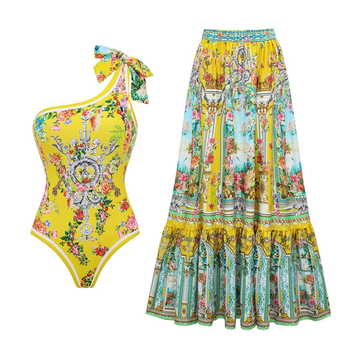 One-Shoulder Swimsuit Long Skirt Suit