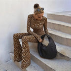 Spring Women Clothes Personality round Neck High Waist Slim Fit Backless Leopard Print Long Sleeve Jumpsuit Women YIMAIL