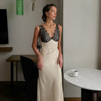 Summer Sexy V neck Lace Stitching Satin Dress Women Slim Fit Maxi Dress FOREVEREIGHTEEN