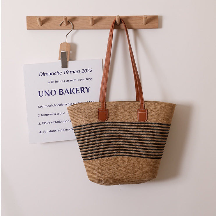 Bolso de paja para hombro sencillo, tejido a mano, de verano, de gran capacidad, informal, combinable, para mujer, para playa y mar. 