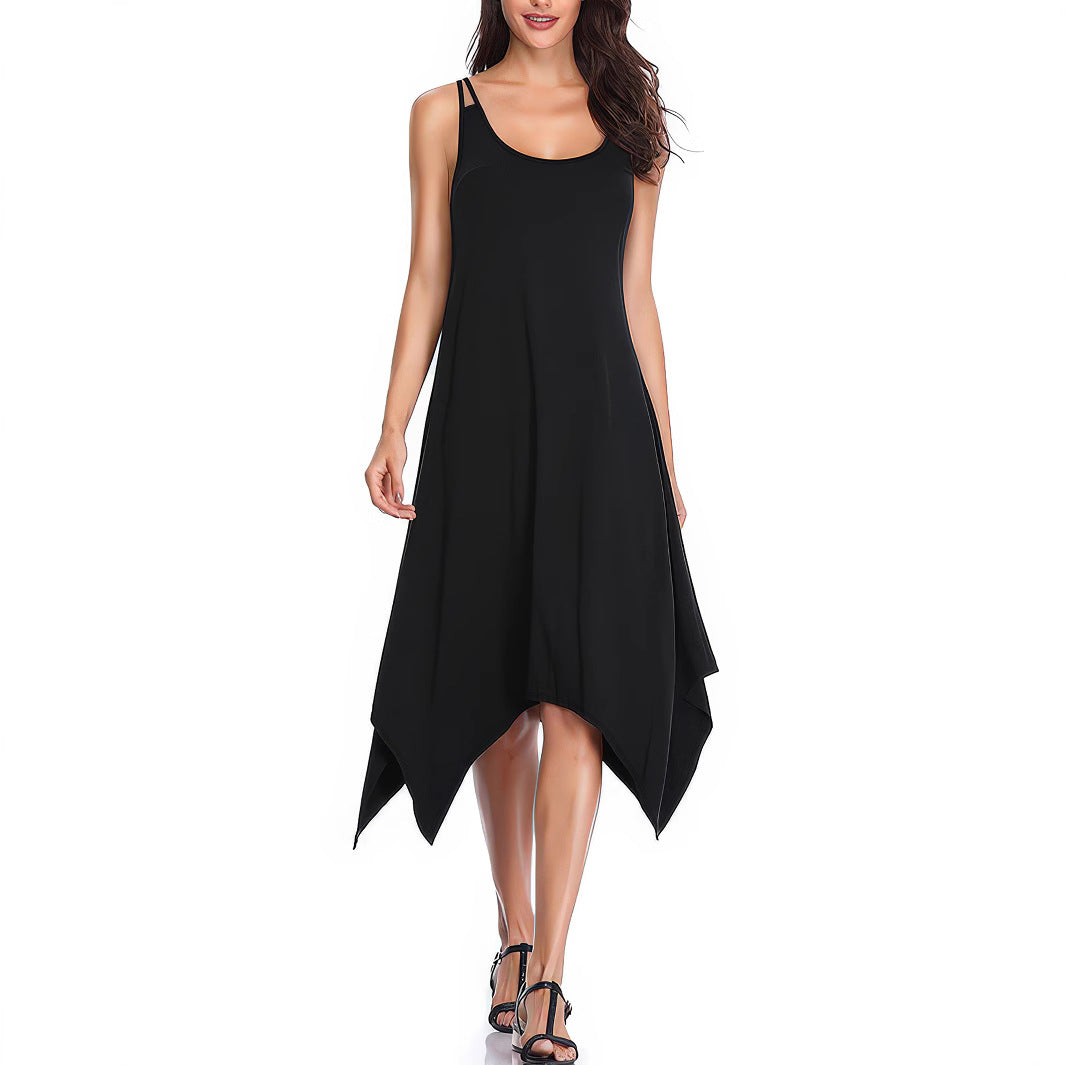 Women Clothing Summer Casual Solid Color Design Sleeveless Sling Dress Qube