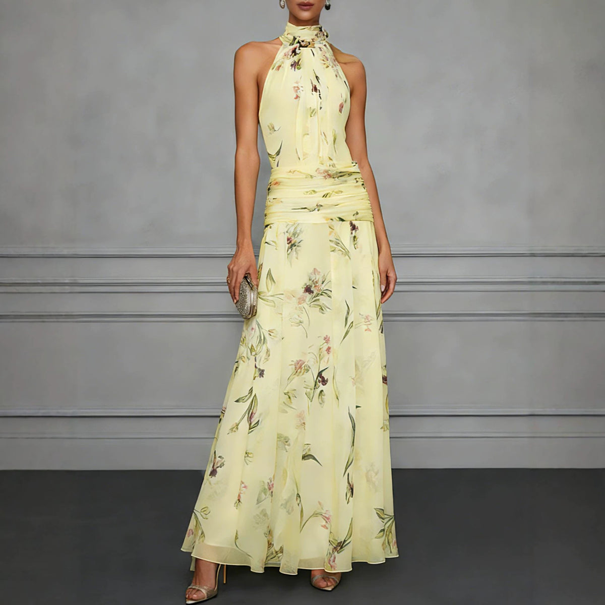 Halterneck Printed Dress Graceful Bow Lace up Waist Controlled Large Hem Maxi Dress Venly