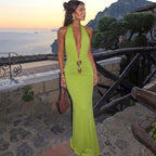 Spring Summer Sexy Deep V Plunge neck Backless Halter Solid Color Fishtail Elegant Dress Cecil