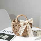 Petit sac à bandoulière pour femme, tissé à la main avec nœud en dentelle, sac à bandoulière portable en paille tissée 