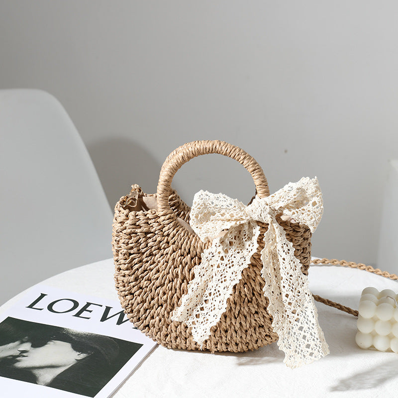 Petit sac à bandoulière pour femme, tissé à la main avec nœud en dentelle, sac à bandoulière portable en paille tissée 