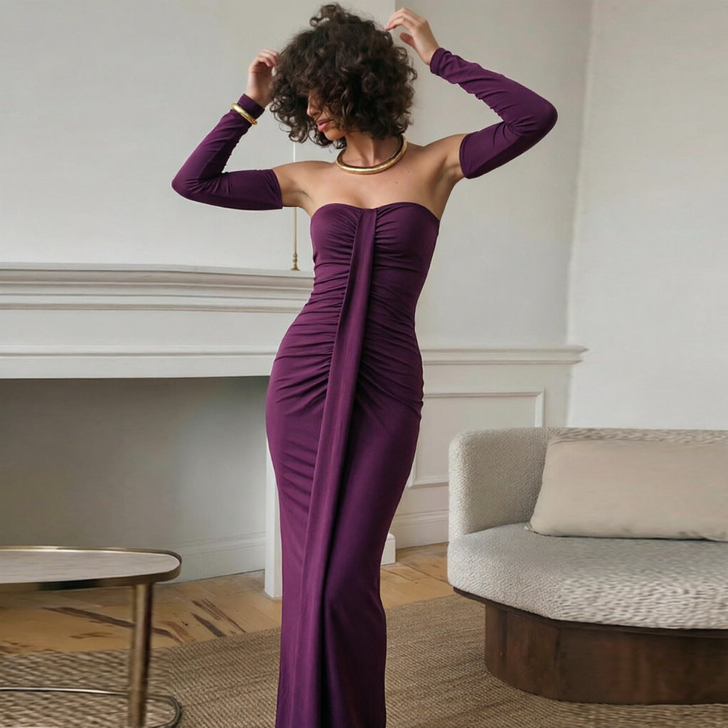 Women Clothing Autumn Wrapped Chest Pleated Slim Independent Sleeve Length Dress Bailess