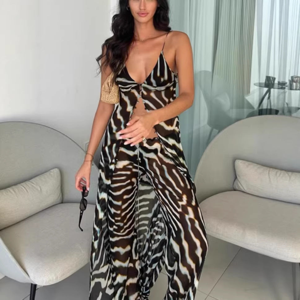 Spring Summer Mesh Irregular Asymmetric Top Pants Beach Two Piece Sets Havill