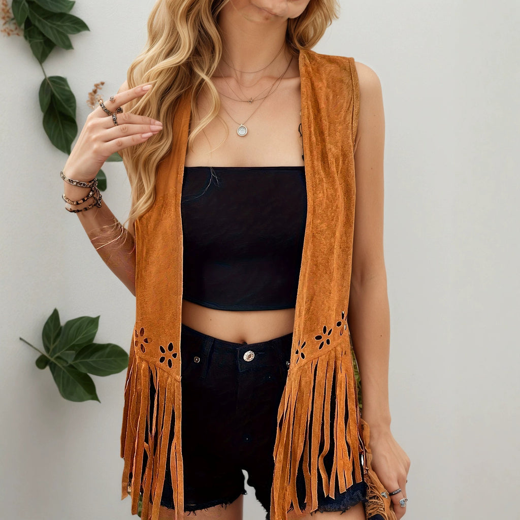 Women Burnt Floral Tassel Coat Casual Mid Length Cardigan Vest Rogan