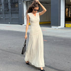 French V neck Solid Color Maxi Dress Summer Waist Slimming Draping Effect Maxi Dress BULLINGER