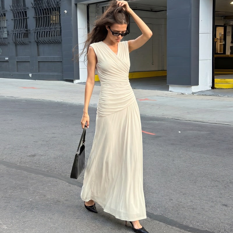 French V neck Solid Color Maxi Dress Summer Waist Slimming Draping Effect Maxi Dress BULLINGER