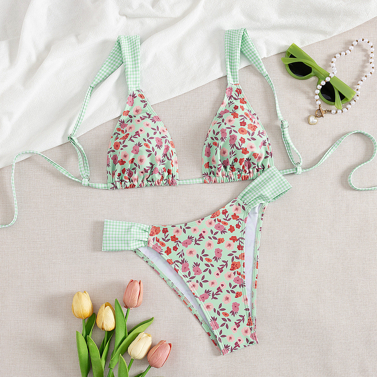 Traje de baño dividido con estampado floral para mujer, con cinturón y almohadilla en el pecho, bikini sexy