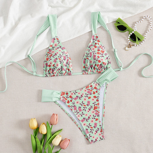 Traje de baño dividido con estampado floral para mujer, con cinturón y almohadilla en el pecho, bikini sexy
