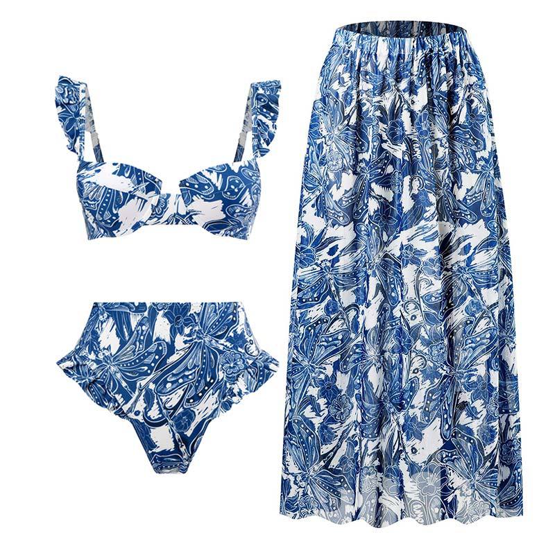 Traje de baño retro dividido de tres piezas, traje de baño con cordones y falda de playa