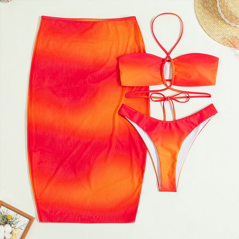 Maillot de bain de plage pour femme, ensemble trois pièces, protection solaire d'été, robe longue, bikini