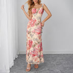 Summer Mesh Printing Slip Dress Sexy Sexy Backless Waist Trimming Vacation Maxi Dress SUNSHINE
