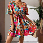 Summer Elegant Lady Floral Print Cross Collar Belt Dress Vivish