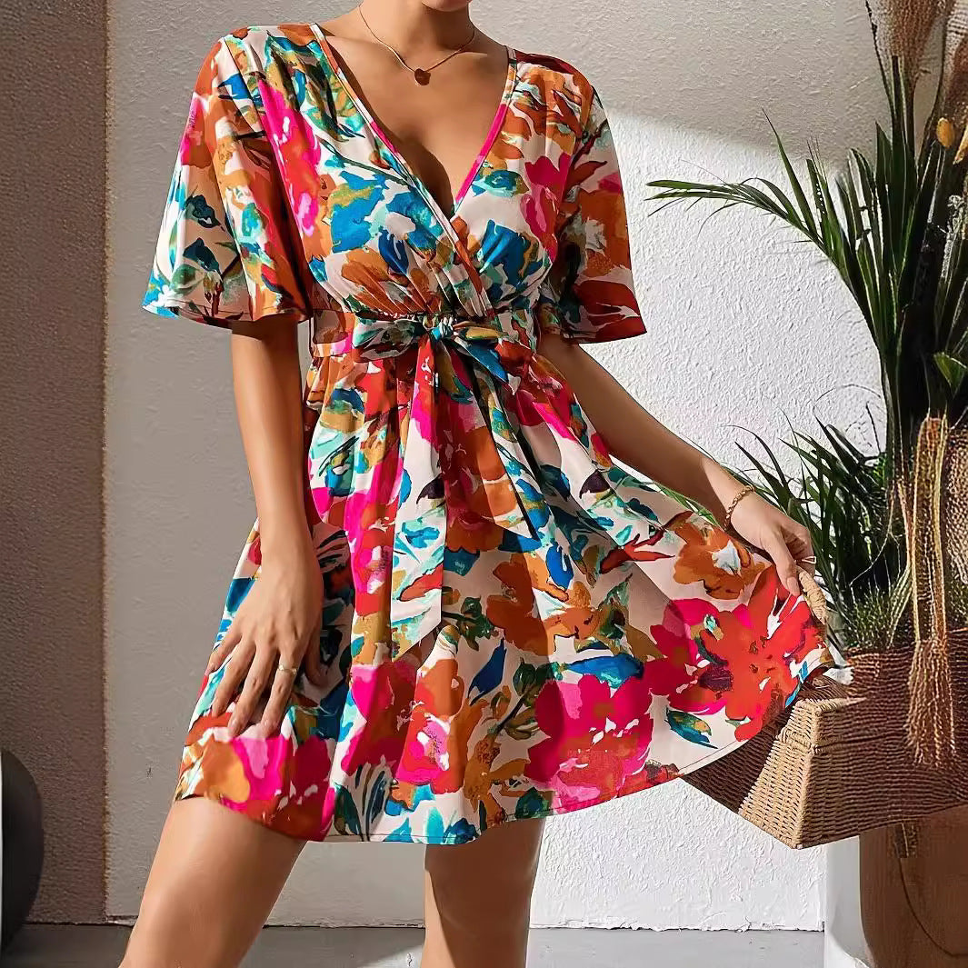 Summer Elegant Lady Floral Print Cross Collar Belt Dress Vivish