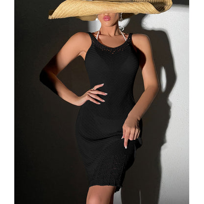 Women Clothing Mid-Length Sexy Crocheted Hollow Out Cutout U Collar Strap Dress Knitted Beach Dress Crochet hook