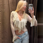 Women Clothing Summer Pure Sexy V neck Lace See through Flare Sleeve T shirt Top Flash Vision
