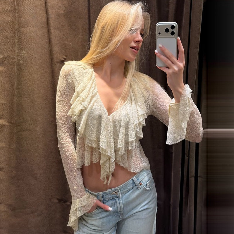 Women Clothing Summer Pure Sexy V neck Lace See through Flare Sleeve T shirt Top Flash Vision