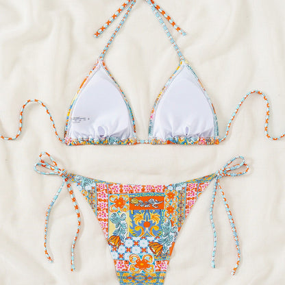 Bikini de copa triangular con estampado de encaje sexy traje de baño para mujer