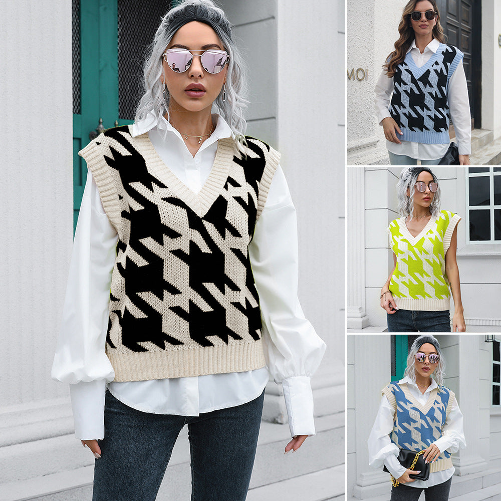 Gilet sans manches à col V pied-de-poule pour femme, vêtement d'extérieur, sous-vêtement, automne-hiver, maille bouclée