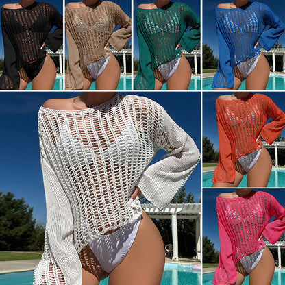 Sexy Loose Fitting Pullover round-Neck Hollow Out Cutout Texture Sheer Long Sleeve Bikini Short Sun Protective Clothing Crochet hook