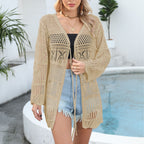 Blusa de playa para mujer, cárdigan tejido con cordones, manga larga, protección solar, para cubrir bikini