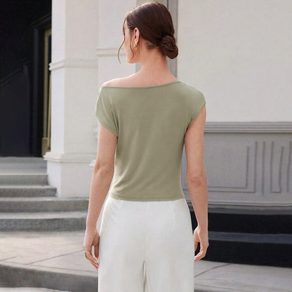 Ropa de verano para mujer, color sólido, personalidad sencilla, cuello diagonal, sin mangas, ceñido, jersey adelgazante para mujer